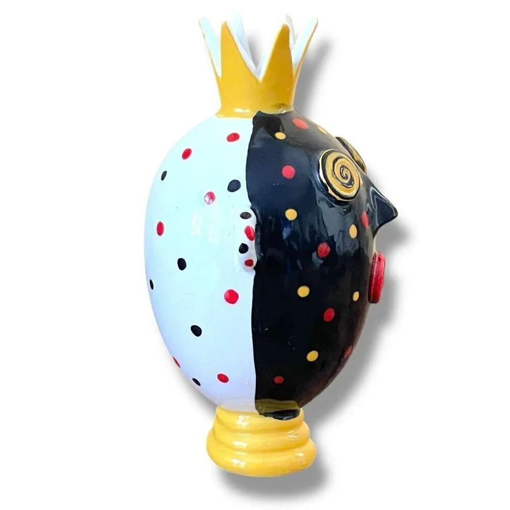 Anita Griffith Art Pottery Bud Vase Whimsical Face with Crown Polka Dot Signed
